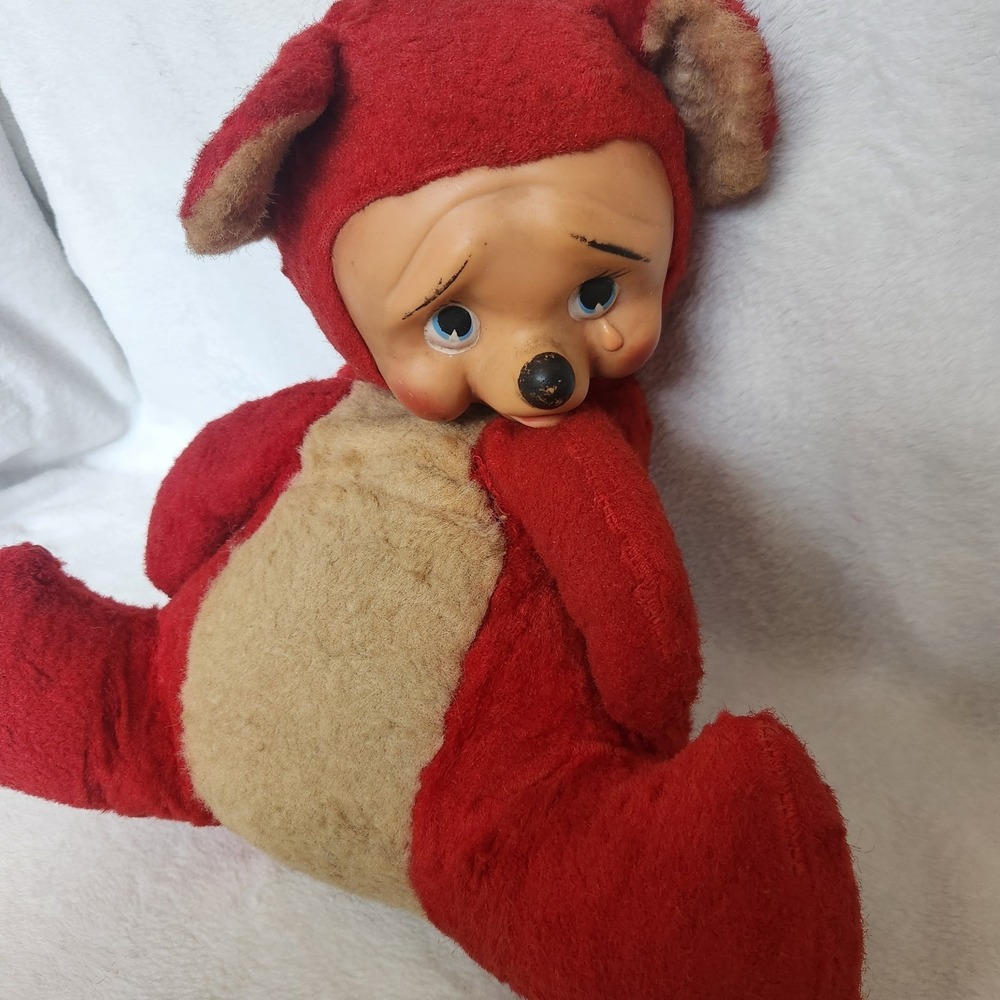 Vintage 1960s Picture Book Crying Bear  Rubber Face Plush Rushton Style 14" RARE
